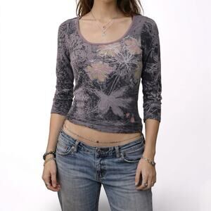 Y2K Rhinestone Floral 3/4 Sleeve Fitted Top Petite XS Fairy Grunge